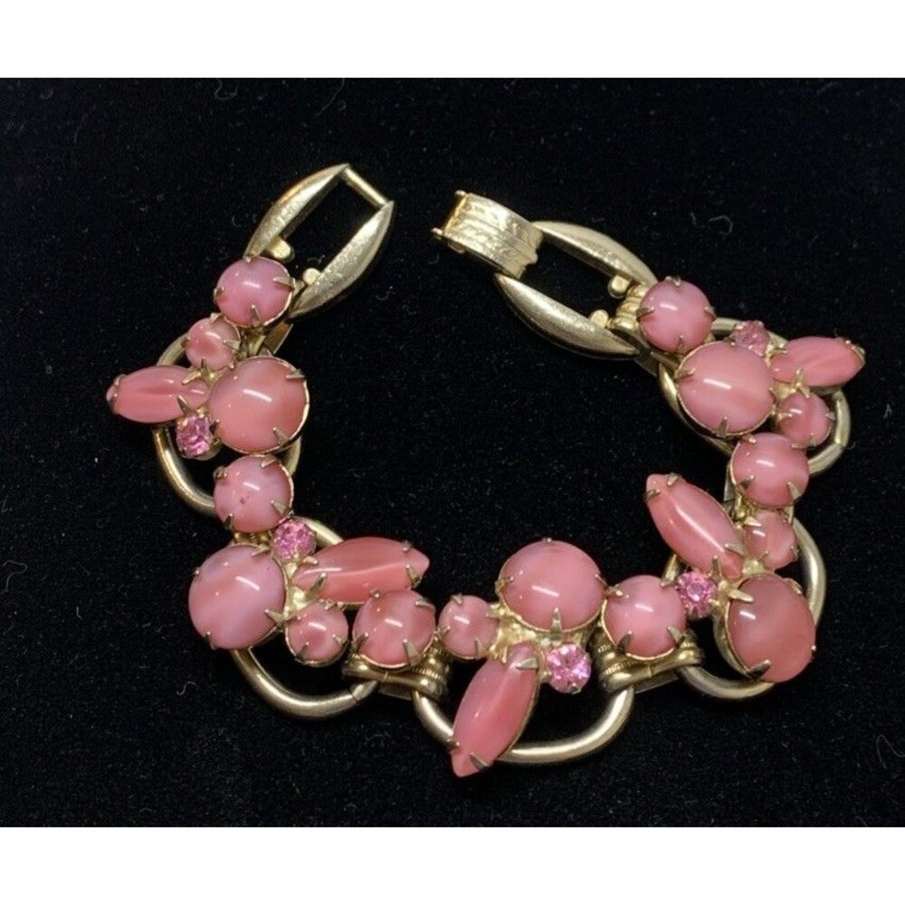 Vintage Pink Glass Moonstone Glow Bracelet Gold Tone 7”